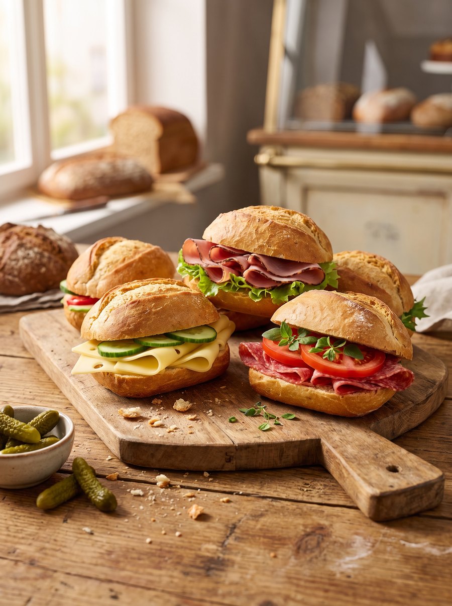 Belegte Brötchen mit Käse, Schinken und frischem Salat